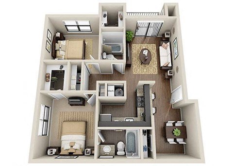 Floor plan for 2 beds, 2 baths, 1050 sqft